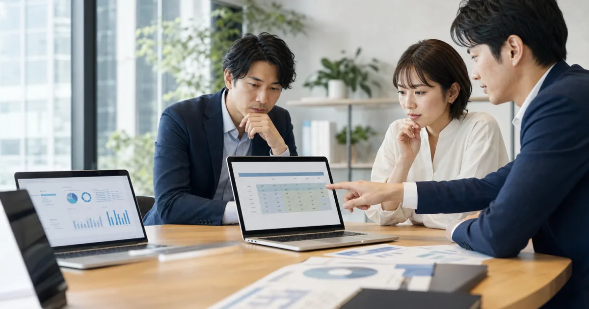 3人の営業担当者が複数の営業リスト作成ツールを比較表で検討している