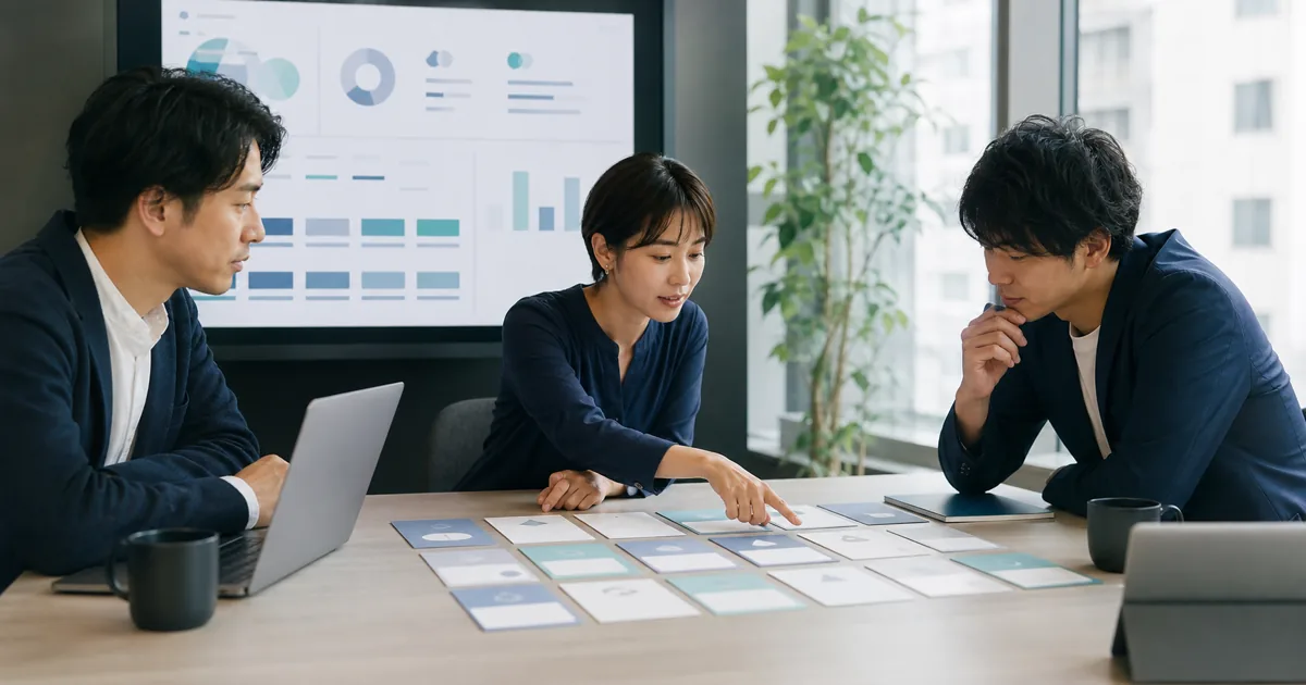 SaaS営業チームが複数の候補企業カードを並べて優先順位を検討している