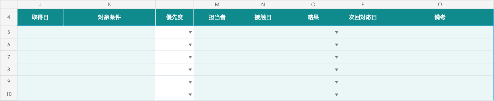 営業リストExcelの優先度・担当者・接触結果・次回対応日の入力欄